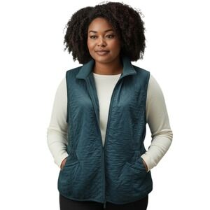 Blue Mountain 1X Quilted Chevron Zip Vest Teal Blue Stand Collar Pockets J452